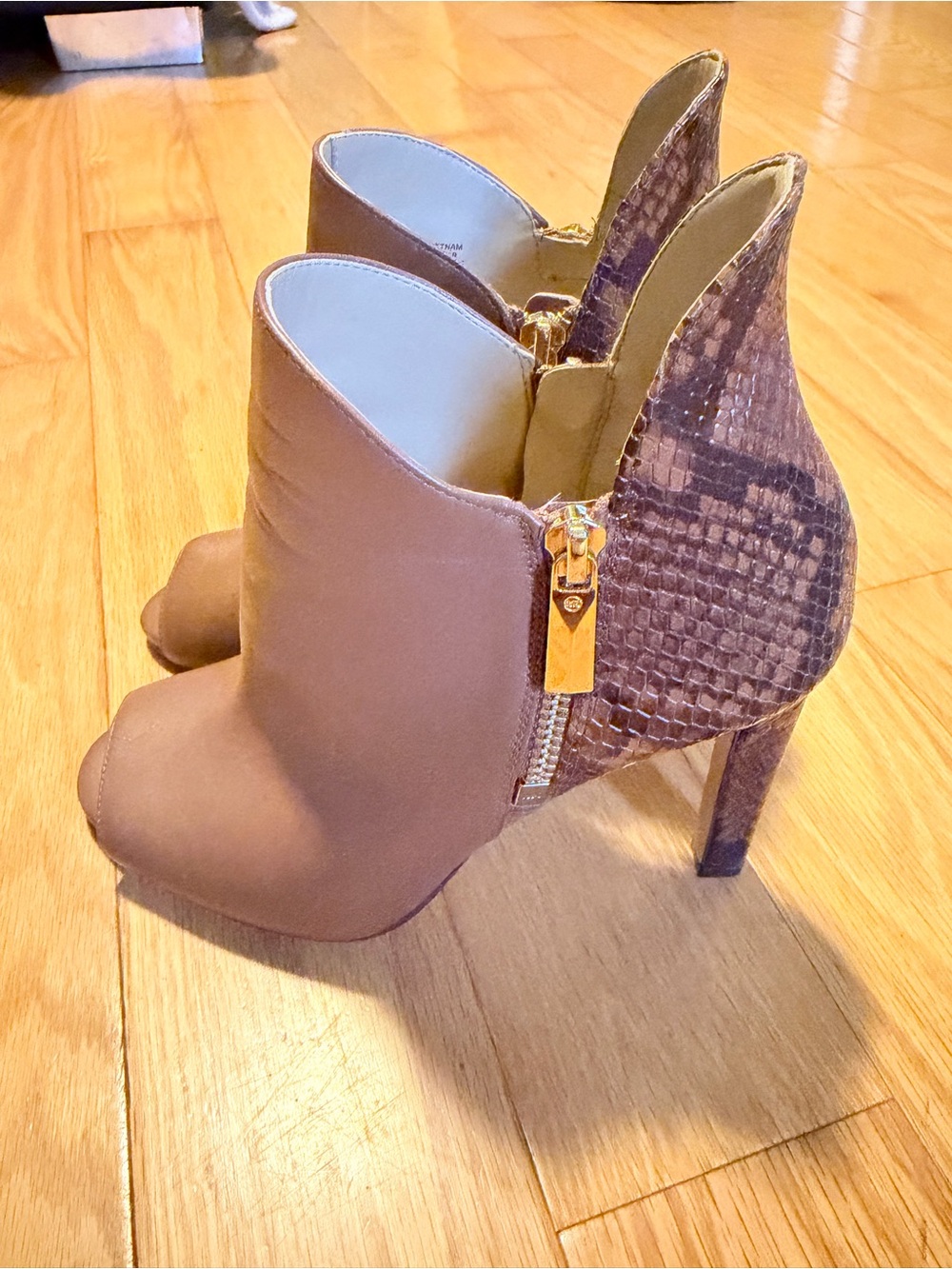 Michael Kors Brown Faux-Suede & Snakeskin-Accent Ankle Booties with Gold Zip